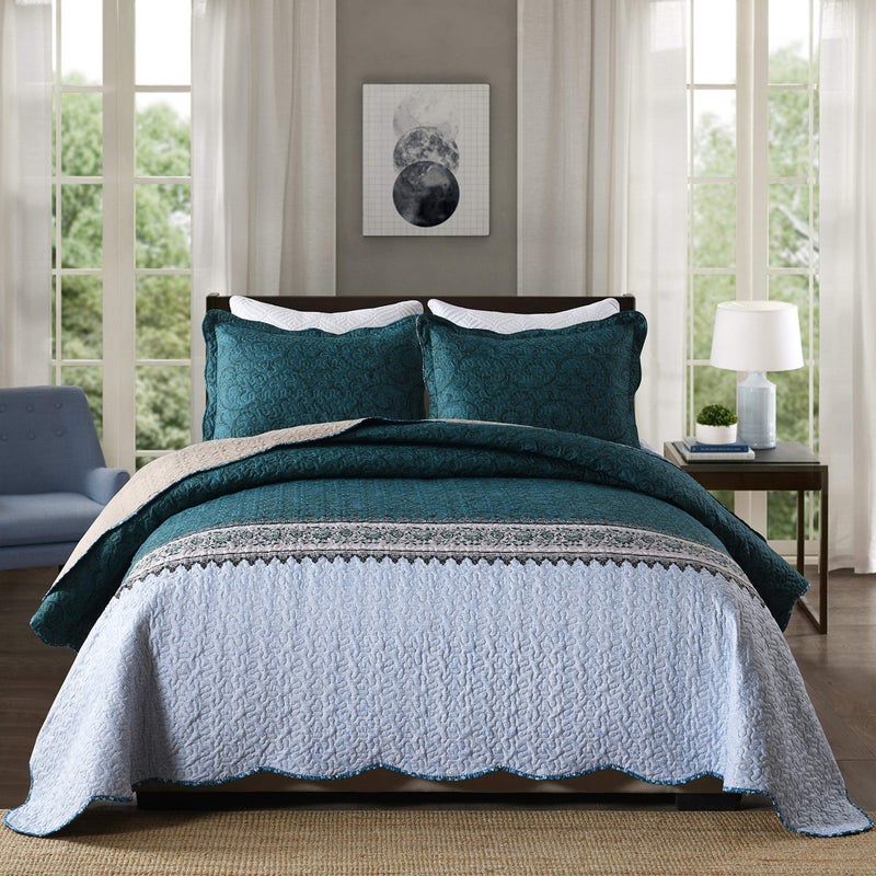 Travan 3-Piece Queen Quilt Set Quilted Bedspread Oversized Microfiber Soft Lightweight Bedding Set with Shams for All Season, Blue Ocean, Queen Size - Image 1